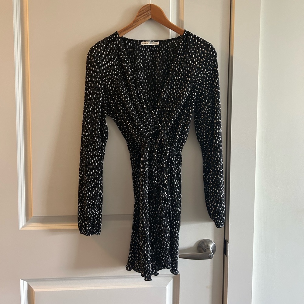 Pull & Bear pleated long sleeve polka dot dress